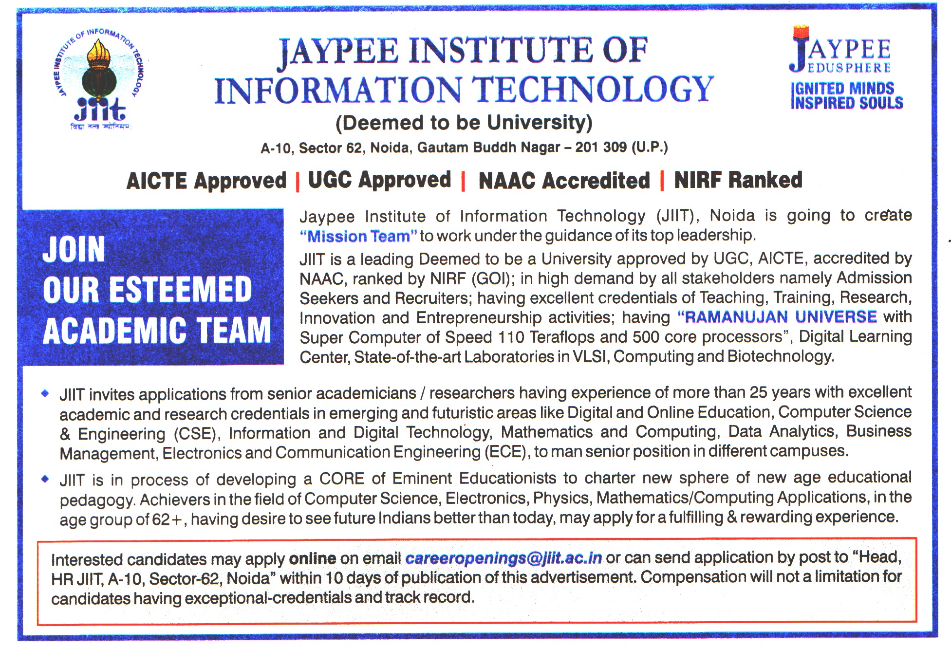 Jaypee Institute of Information Technology (JIIT) Gautam Budha Nagar Recruitment