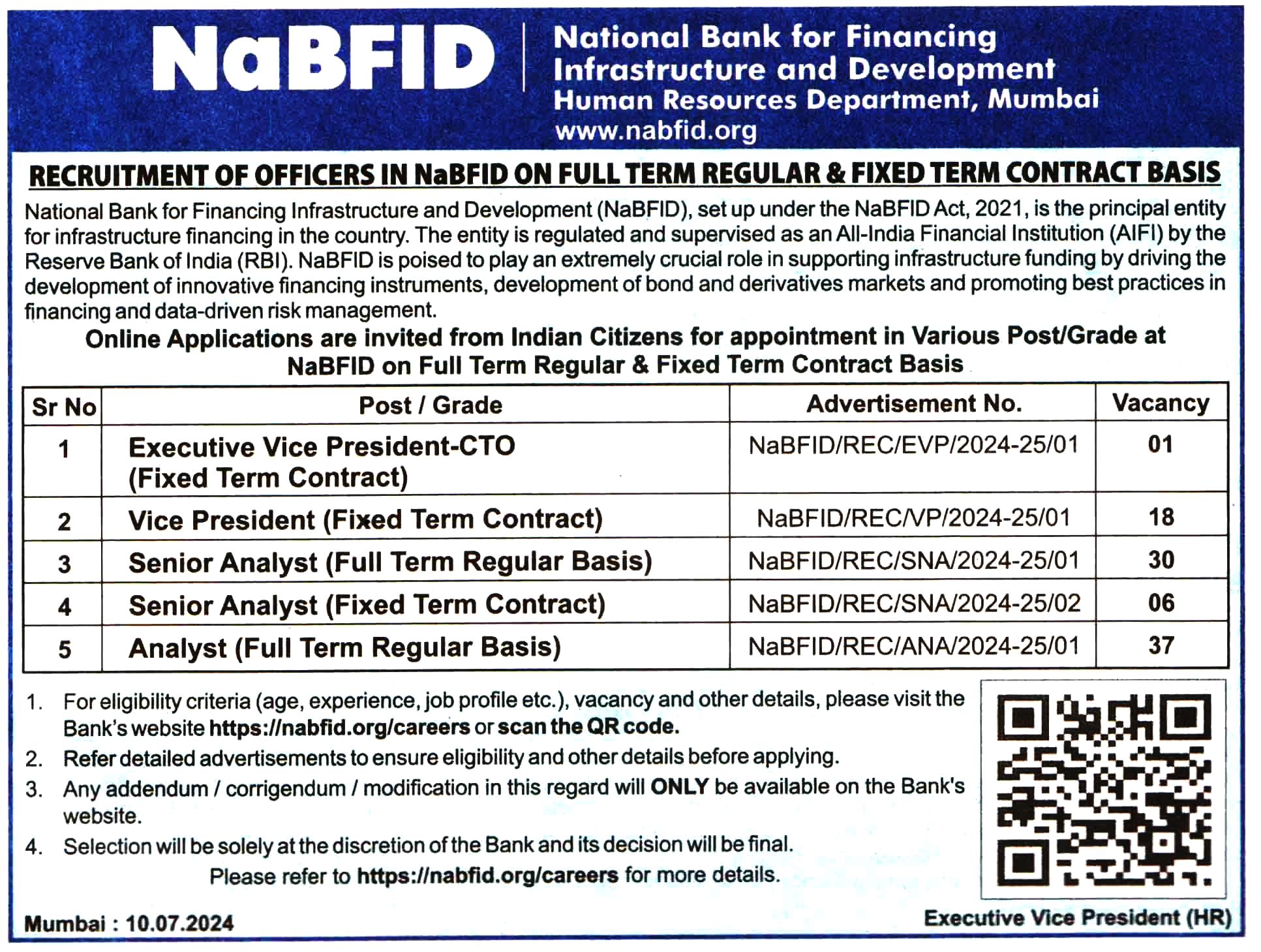 National Bank of Financing Infrastructure and Development (NaBFID) Mumbai Recruitment