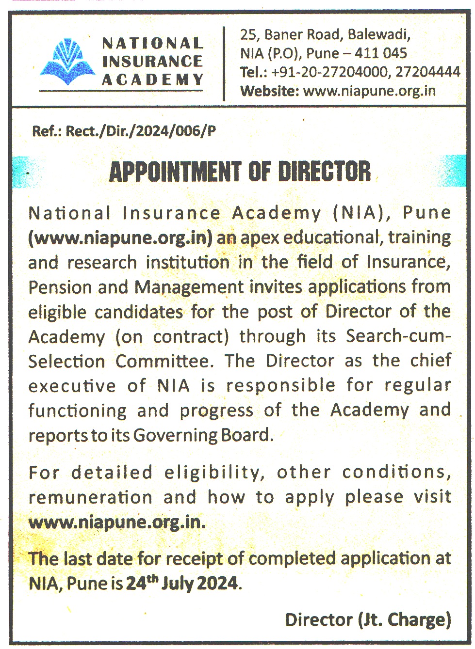 National Insurance Academy (NIA) Pune Recruitment