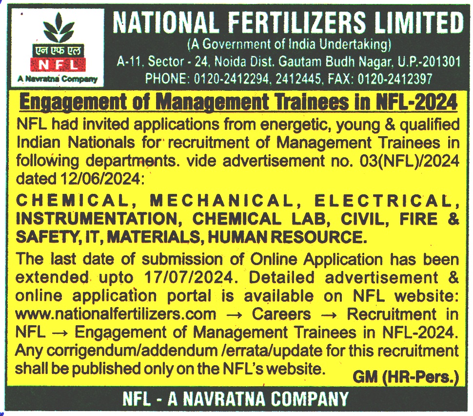 National Fertilizers Limited (NFL) Gautam Budh Nagar Recruitment