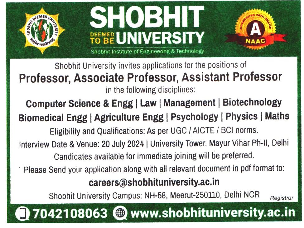 Shobhit University Meerut Recruitment