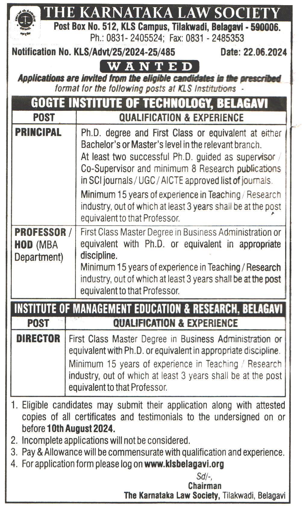 The Karnataka Law Society Belagavi Recruitment