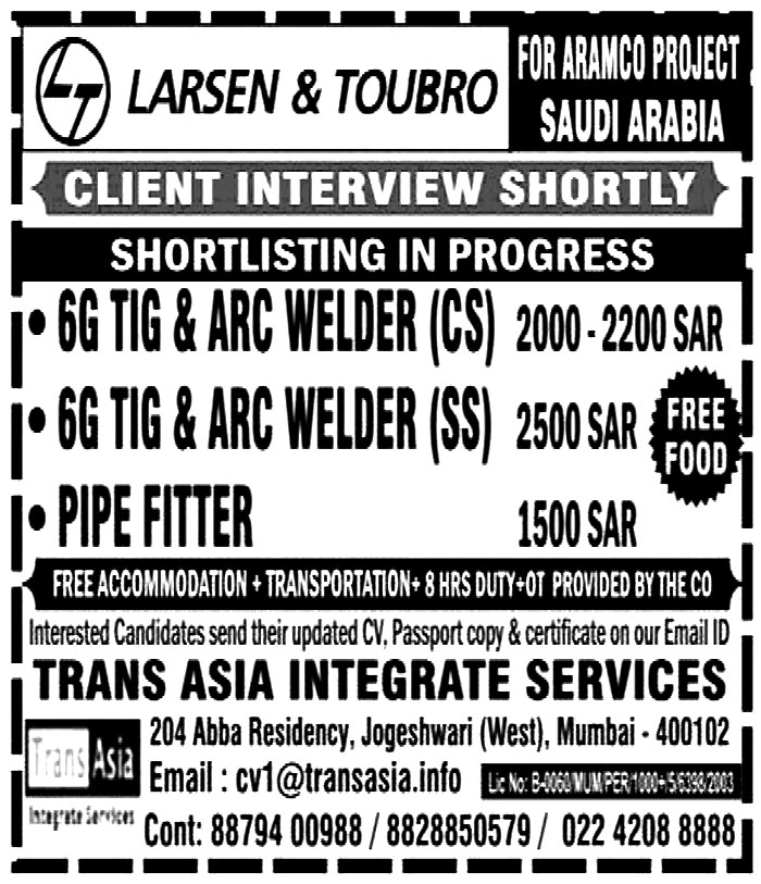 Jobs in Saudi Arabia for 6G TIG & ARC Welder SS