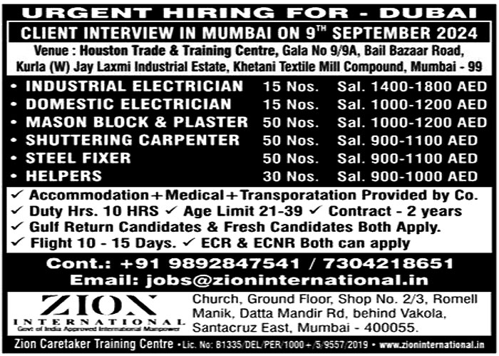 Jobs in Dubai for Domestic Electrician