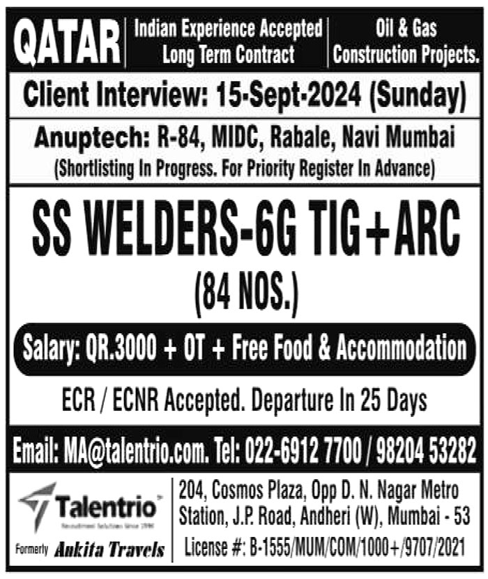 Jobs in Qatar for SS Welders 6G