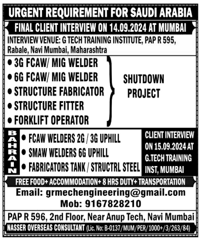 Jobs in Saudi Arabia for 3G FCAW MIG Welder