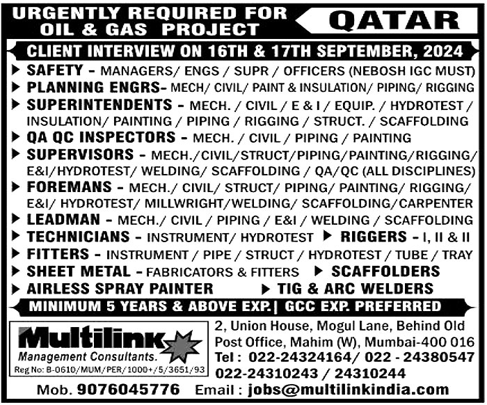 Jobs in Qatar for Piping Supervisors