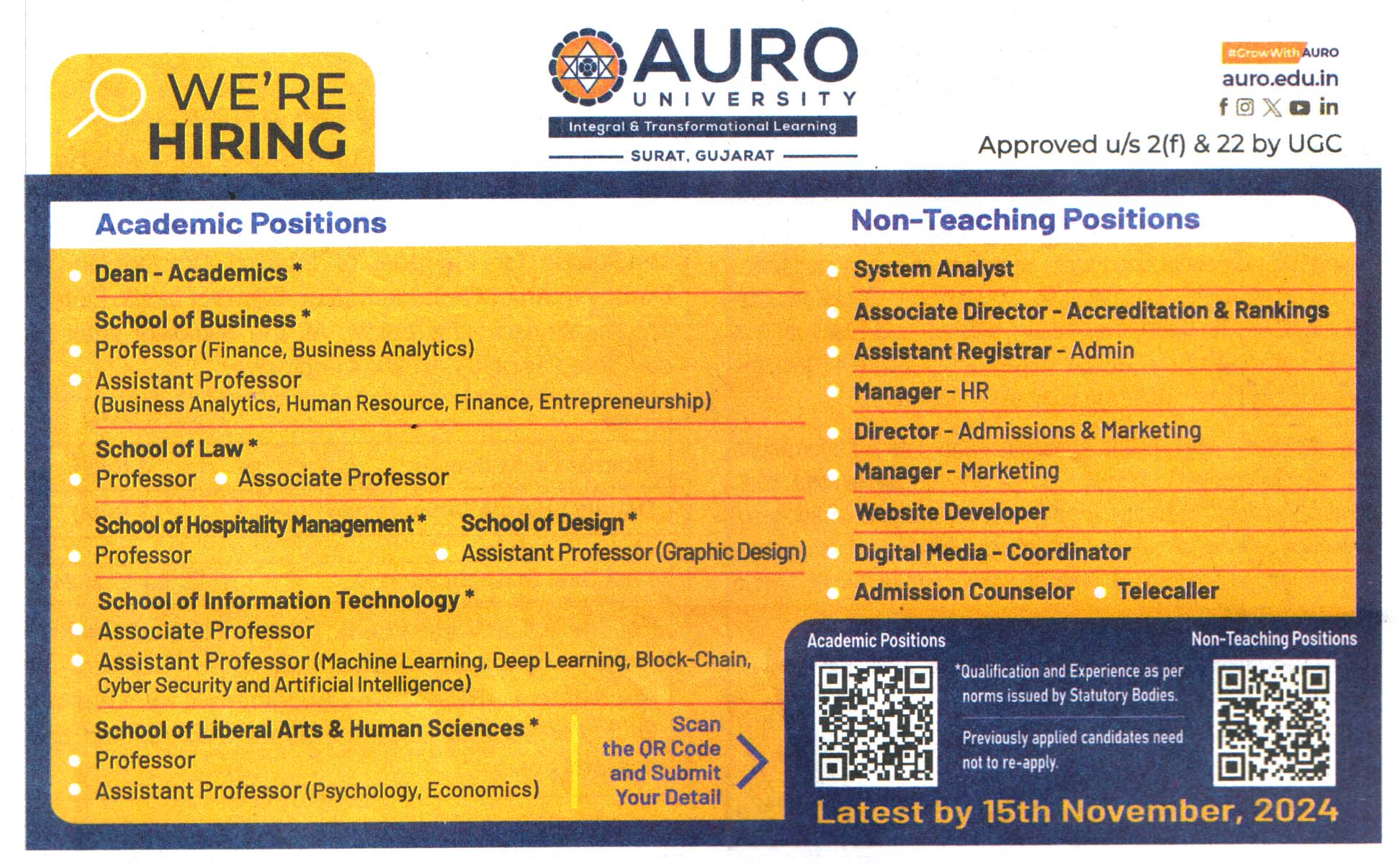 Auro University Surat Gujarat Recruitment