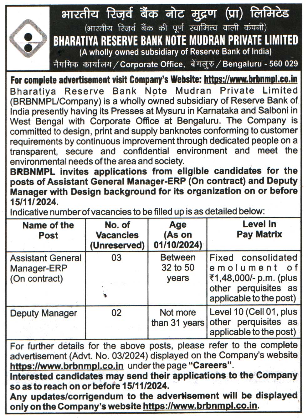 Bharatiya Reserve Bank Note Mudran Private Limited (BRBNMPL) Bengaluru Recruitment