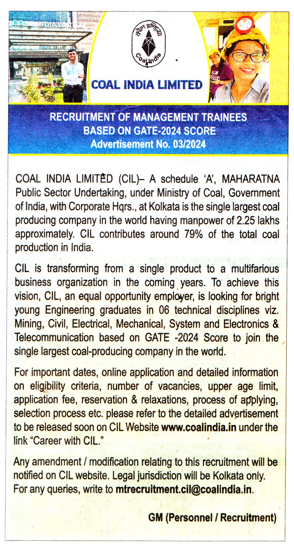 Coal India Limited (CIL) Kolkata Recruitment