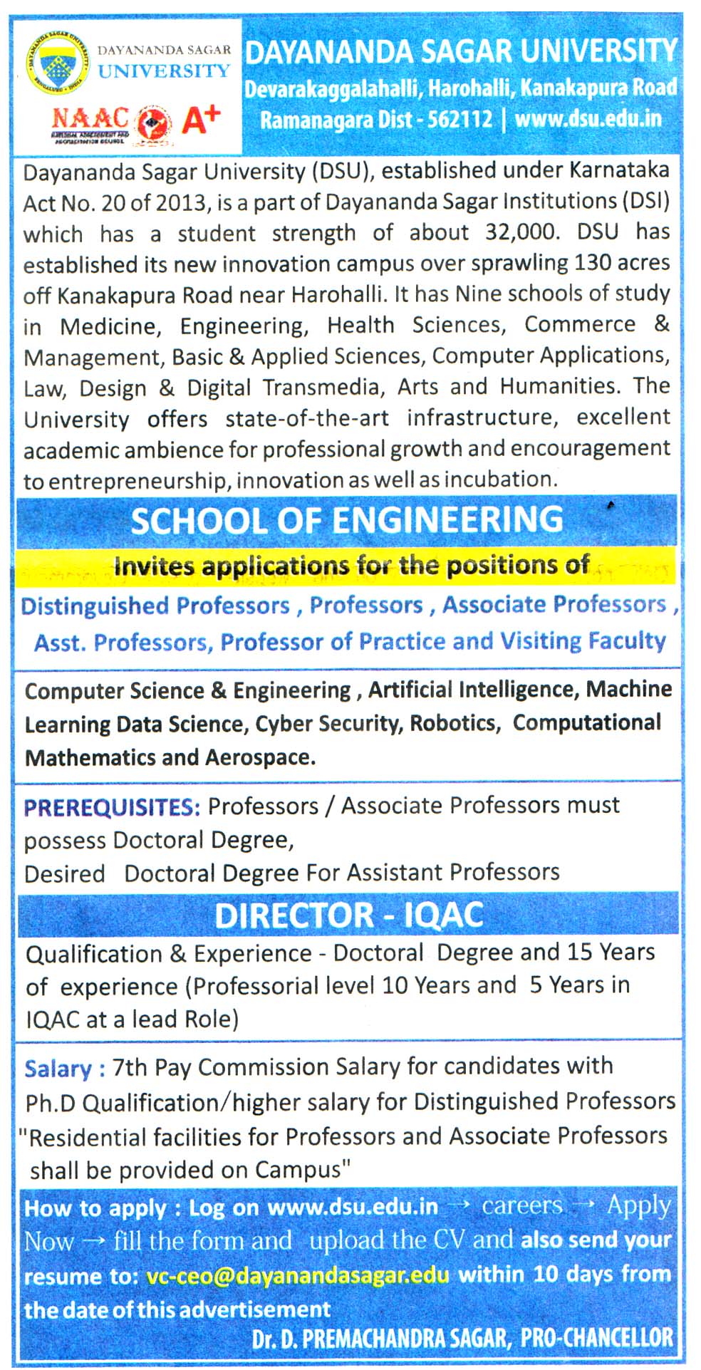 Dayananda Sagar University (DSU) Ramanagara Recruitment