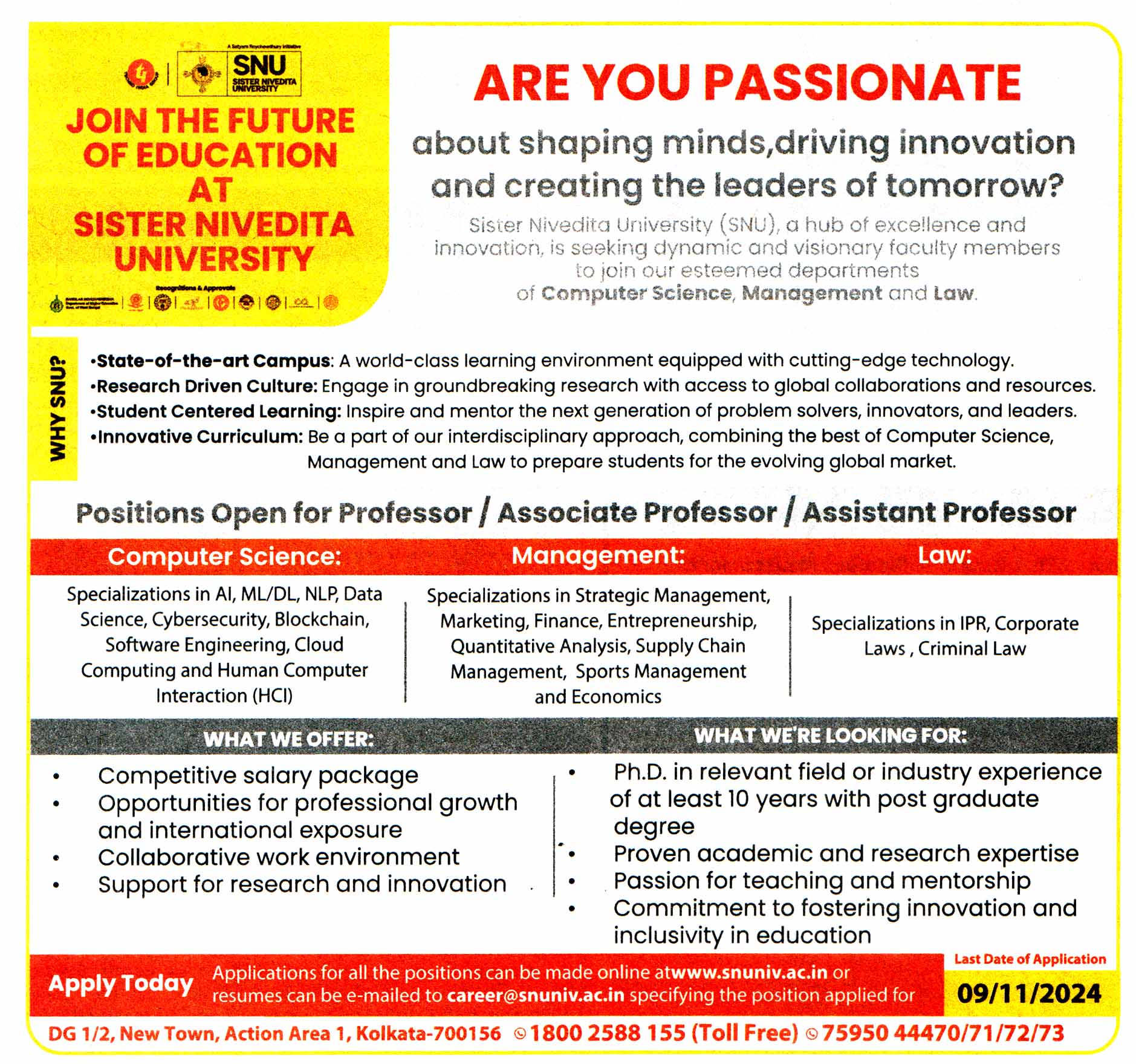 Sister Nivedita Univeristy (SNU) Kolkata Recruitment