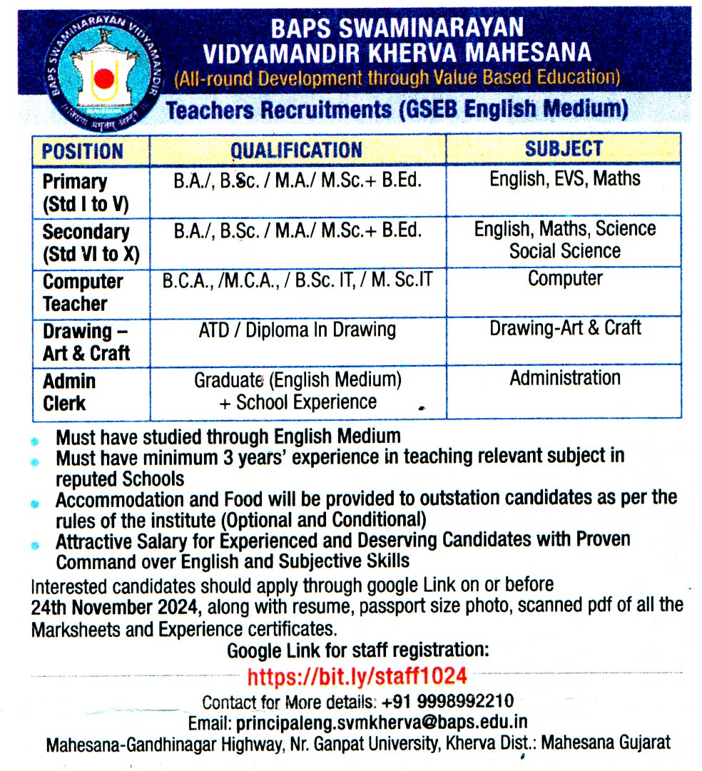 BAPS Swaminarayan Vidyamandir Kherva Mahesana Recruitment