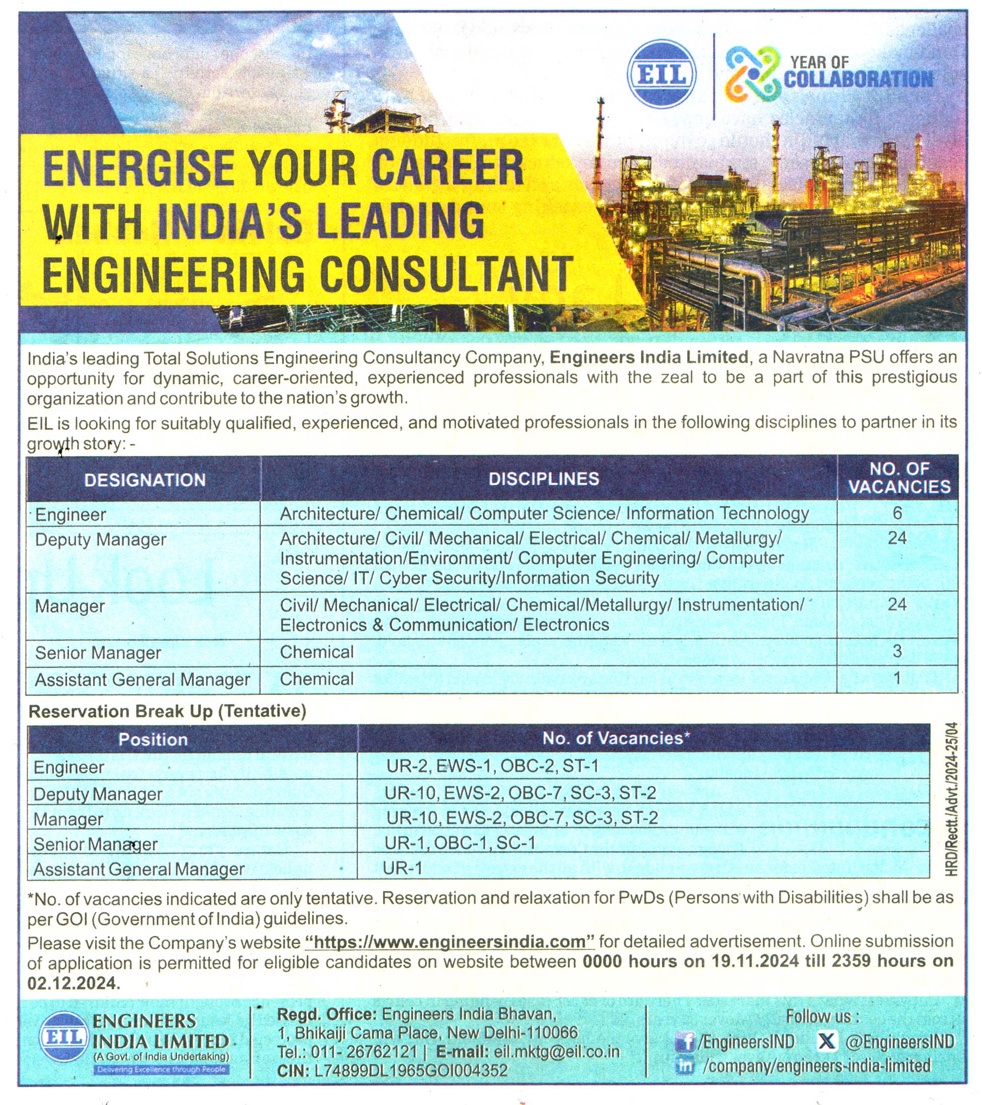 Engineers India Limited (EIL) New Delhi Recruitment