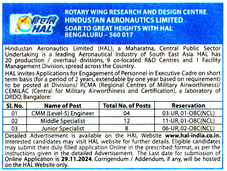 Hindustan Aeronautics Limited (HAL) Bangaluru Recruitment