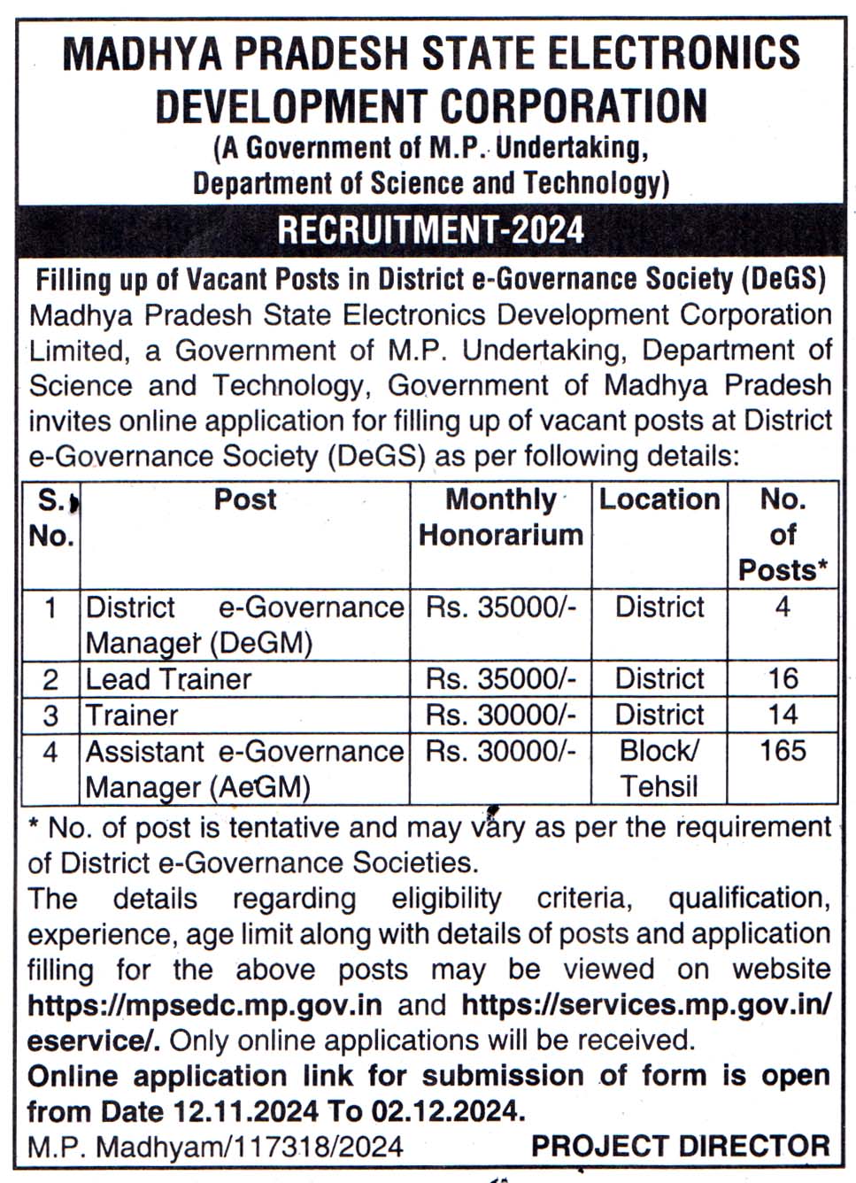 Madhya Pradesh State Electronics Development Corporation (MPSEDC) Madhya Pradesh Recruitment