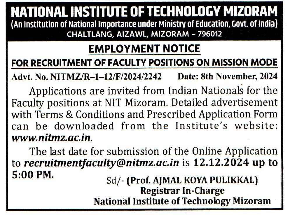 National Institute of Technology (NIT) Mizoram Recruitment