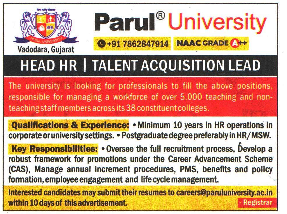 Parul University Vadodara Gujarat Recruitment