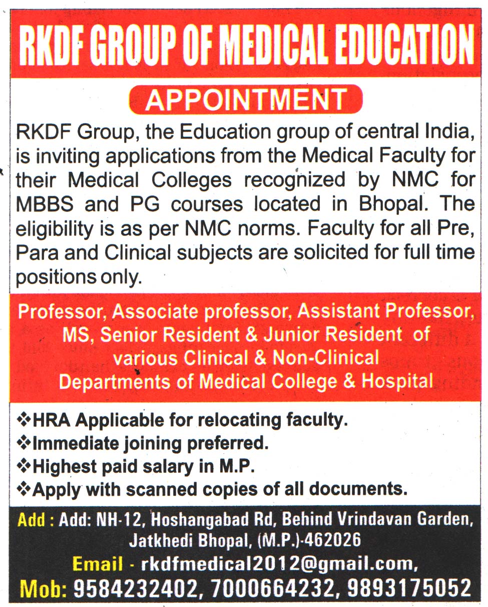 RKDF Group Of Medical Education Bhopal Recruitment