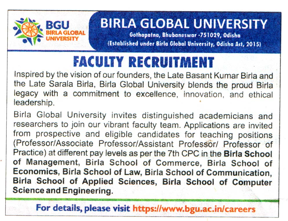 Birla Global University Odisha Recruitment