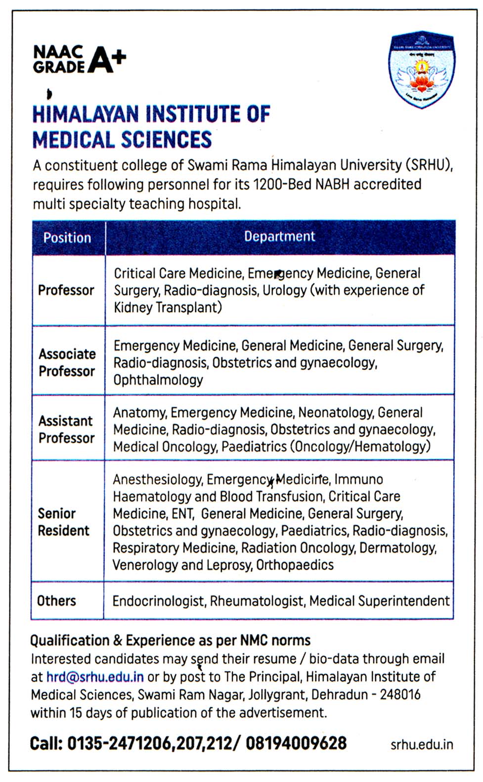 Himalayan Institute of Medical Sciences Dehradun Recruitment