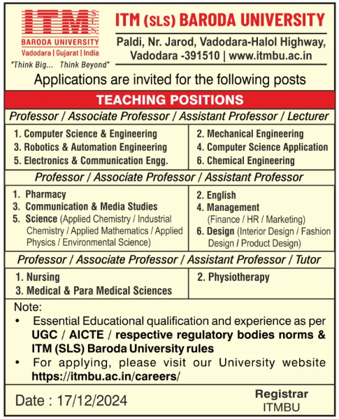 ITM (SLS) Baroda University Vadodara Recruitment