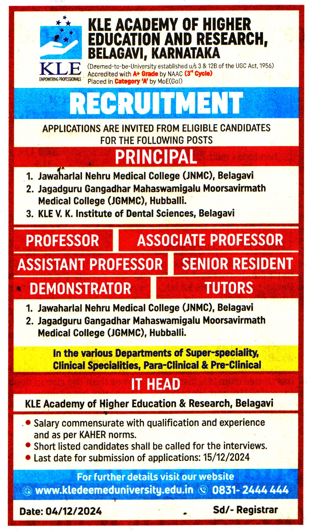 KLE Academy Of Higher Education And Research (KLE) Belagavi, Karnataka Recruitment