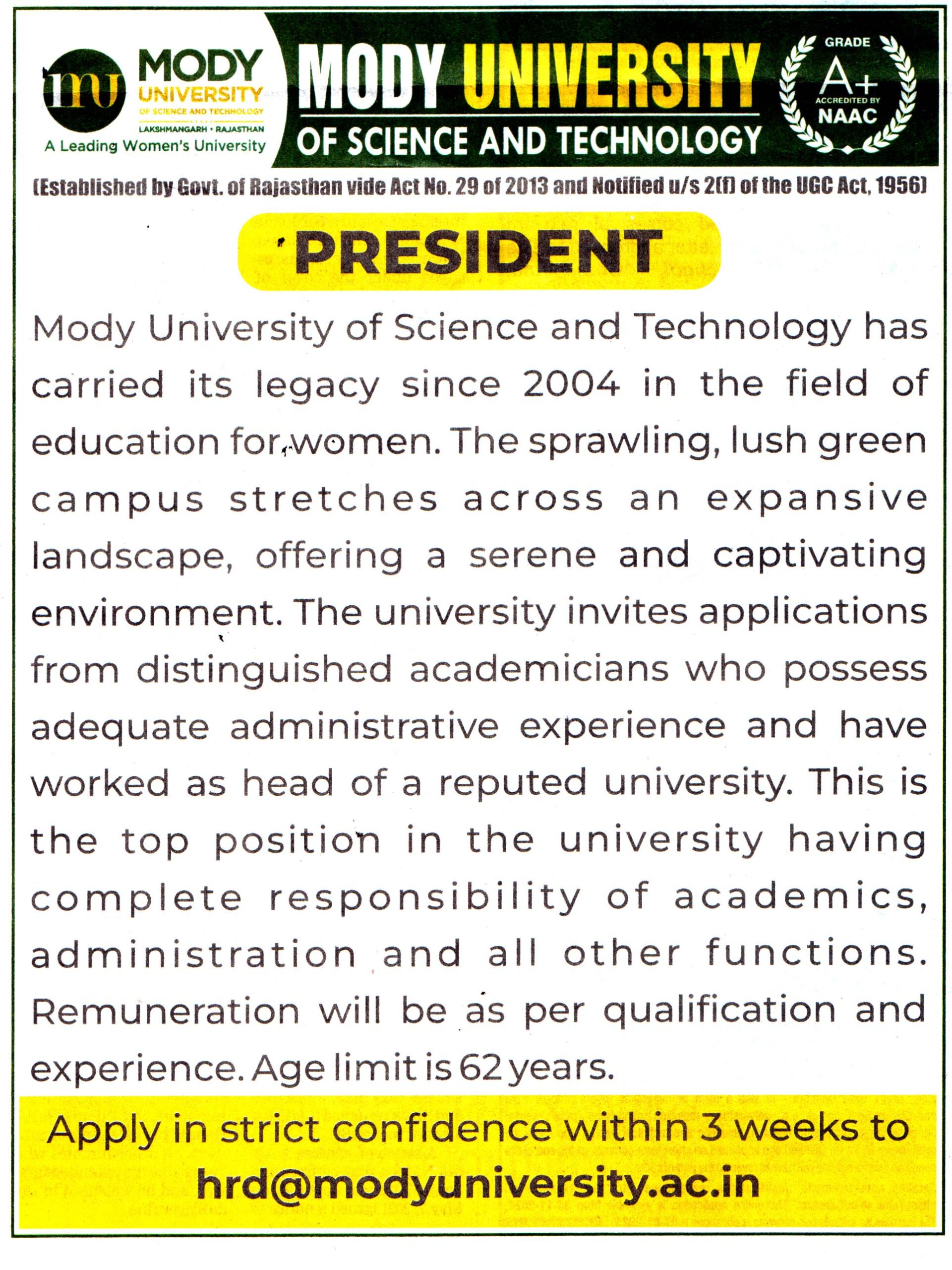 Mody University Lakshmangarh Rajasthan Recruitment