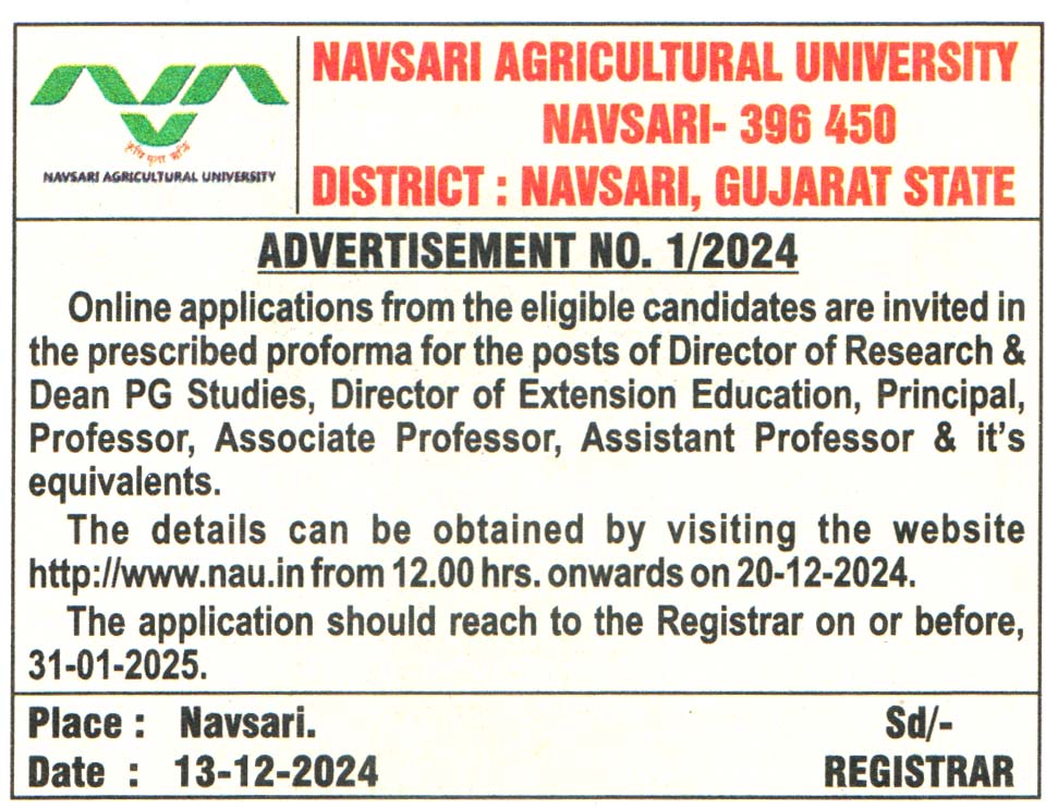 Navsari Agricultural University Navsari Recruitment