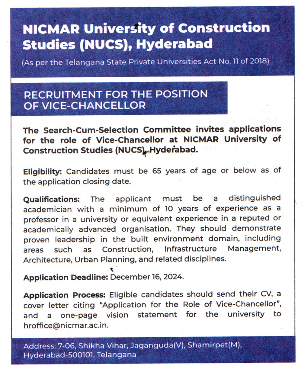 NICMAR University of Construction Studies (NUCS) Hyderabad Recruitment