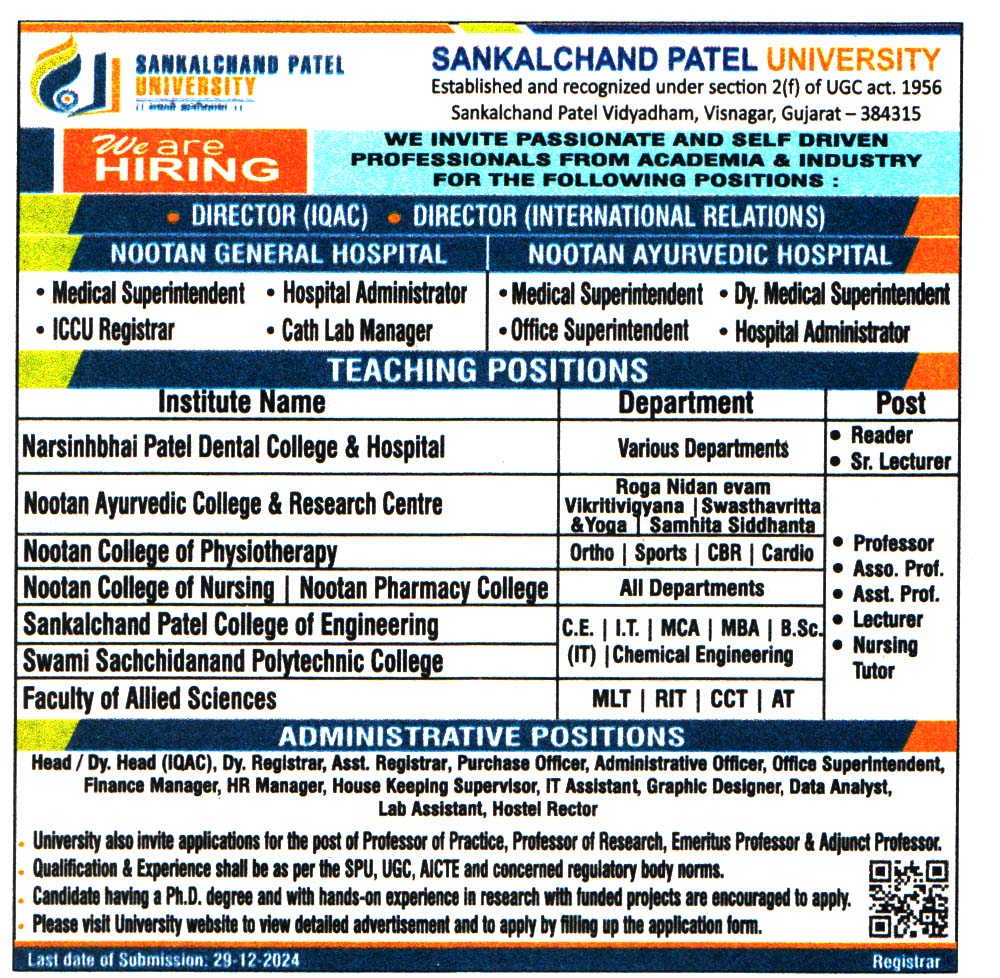 Sankalchand Patel University Visnagar Recruitment