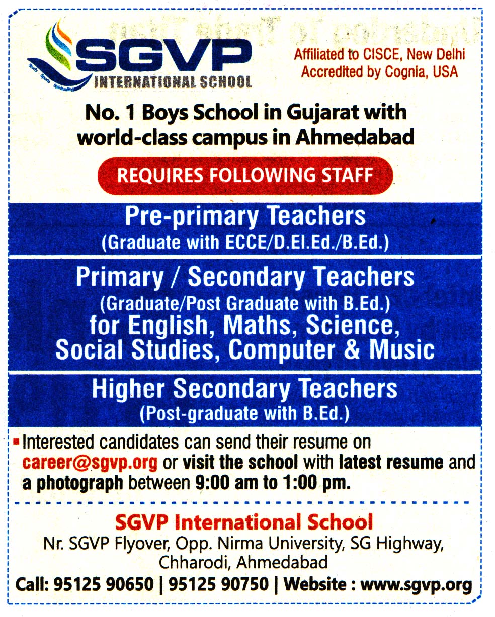 SGVP International School Ahmedabad Recruitment