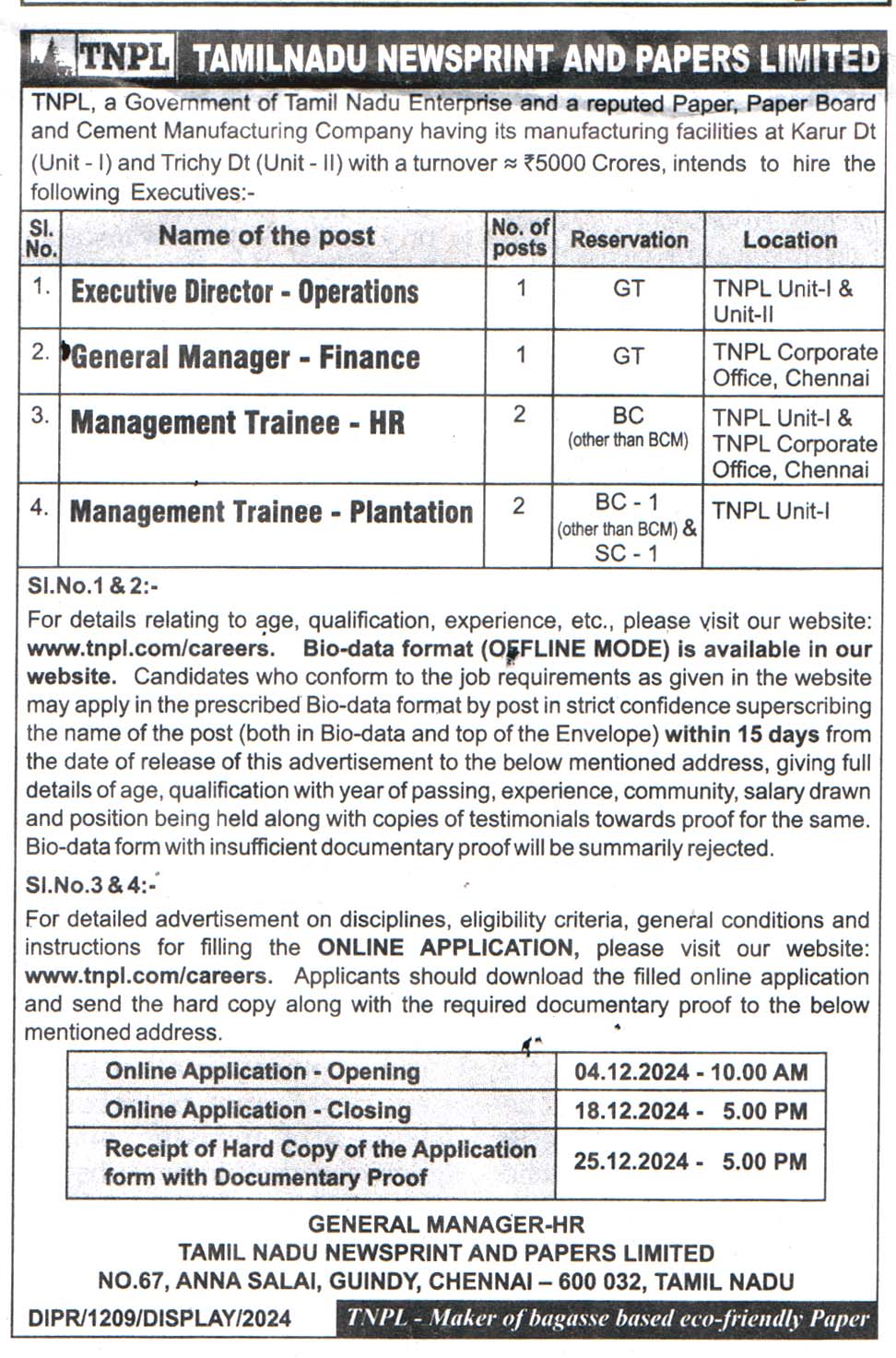 TamilNadu Newsprint and Papers Limited (TNPL) Chennai Recruitment