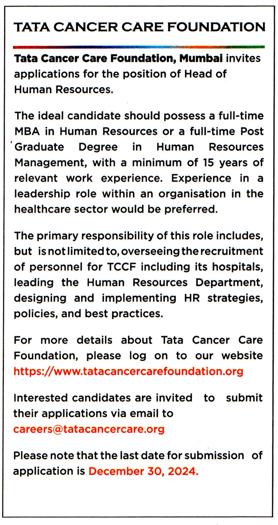 Tata Cancer Care Foundation Mumbai Recruitment