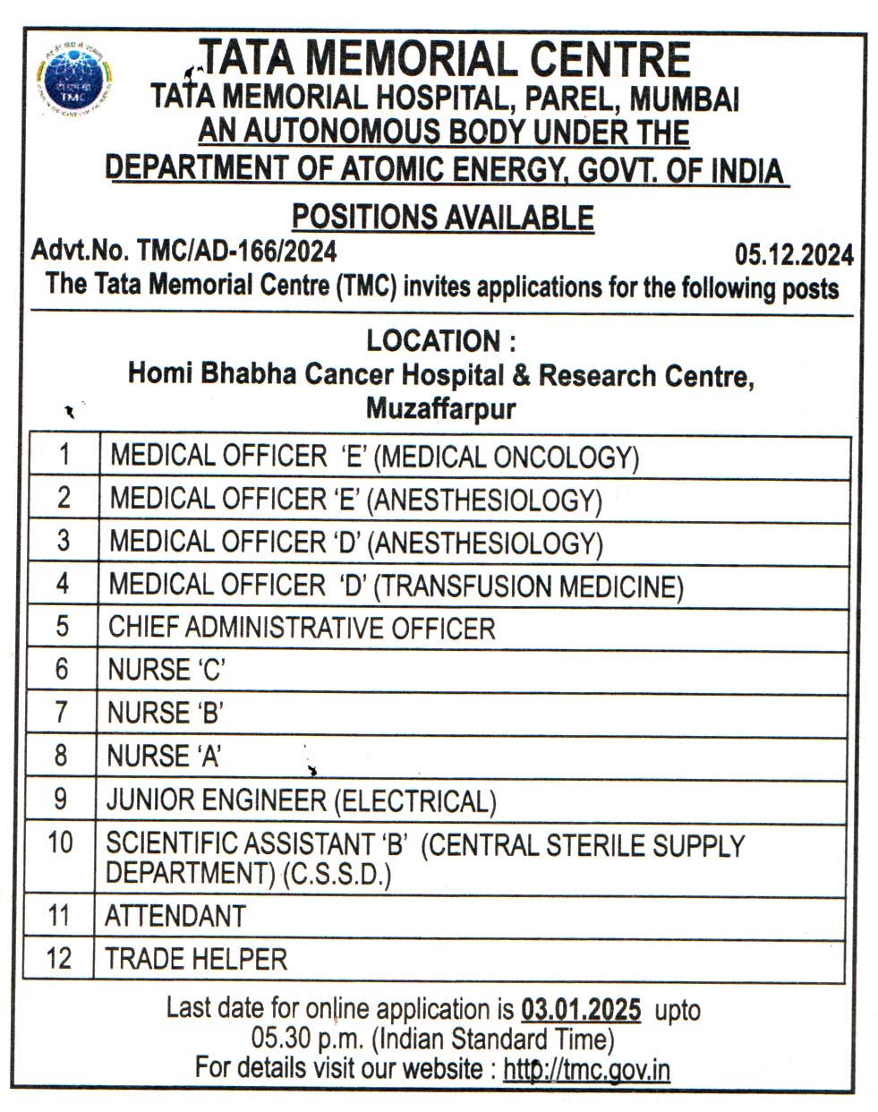 Tata Memorial Centre Parel Mumbai Recruitment