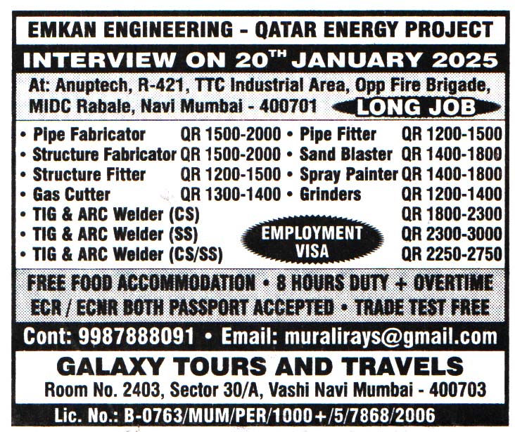 Jobs in Qatar for TIG & ARC Welder