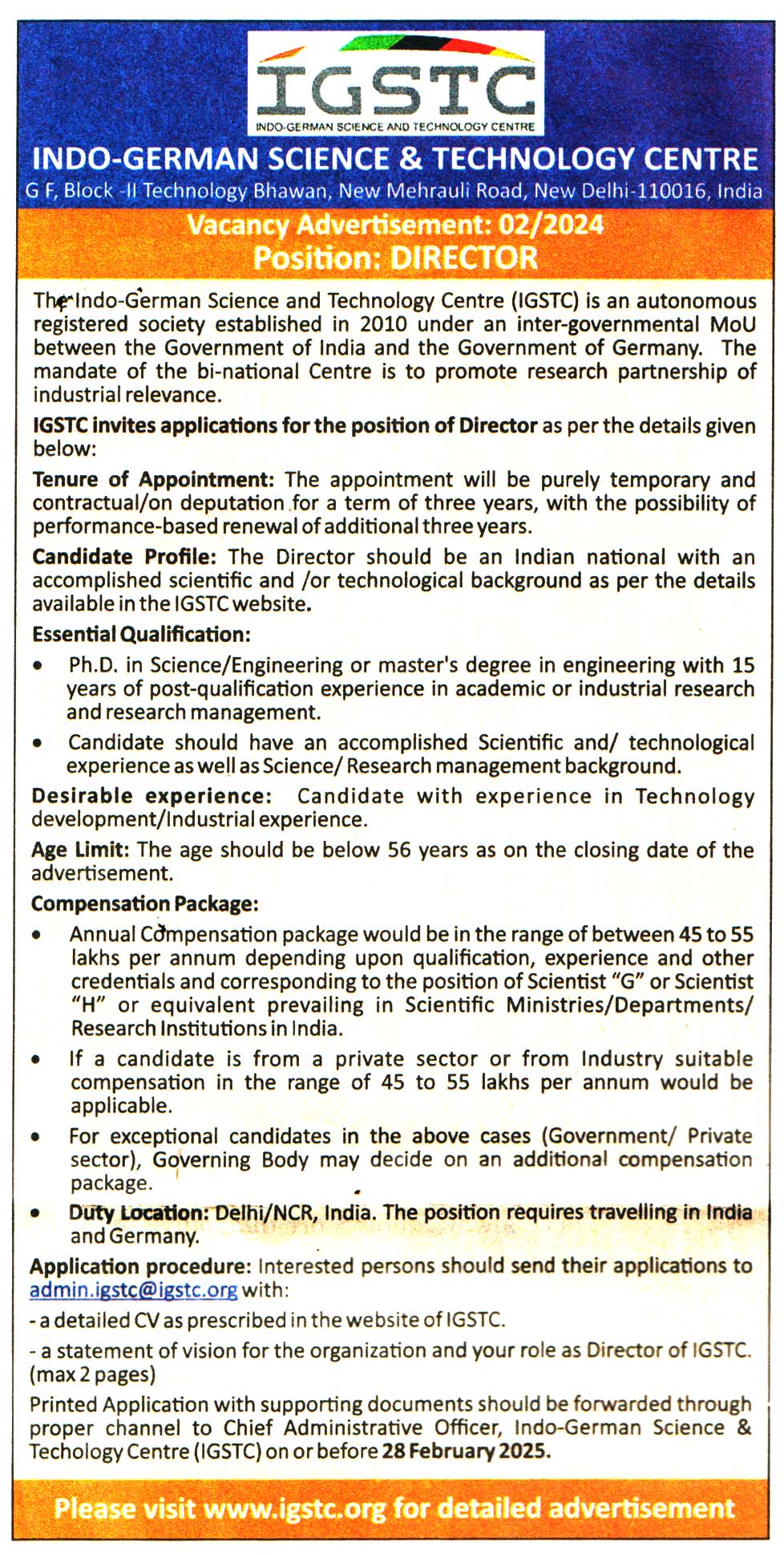 Indo-German Science & Technology Centre (IGSTC) New Delhi Recruitment