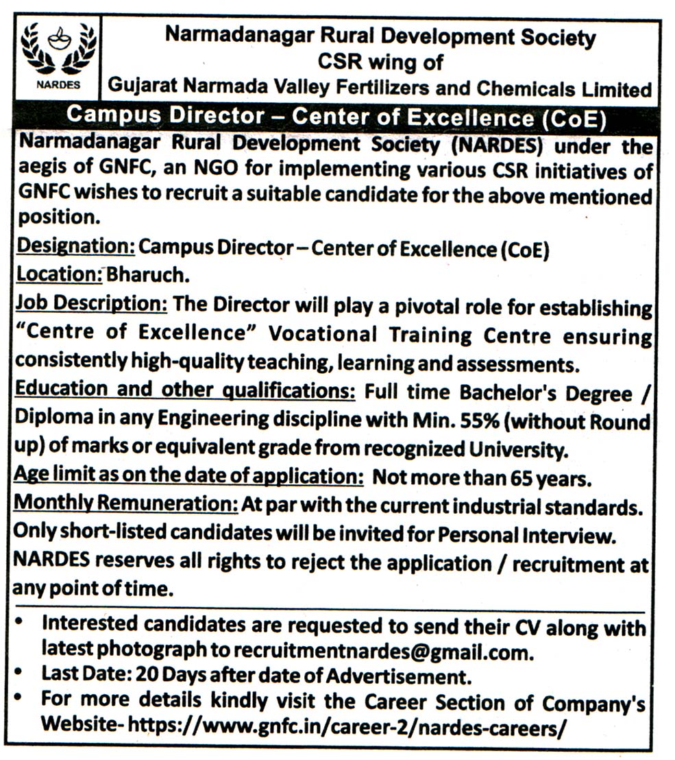 Narmadanagar Rural Development Society (NARDES) Bharuch Recruitment