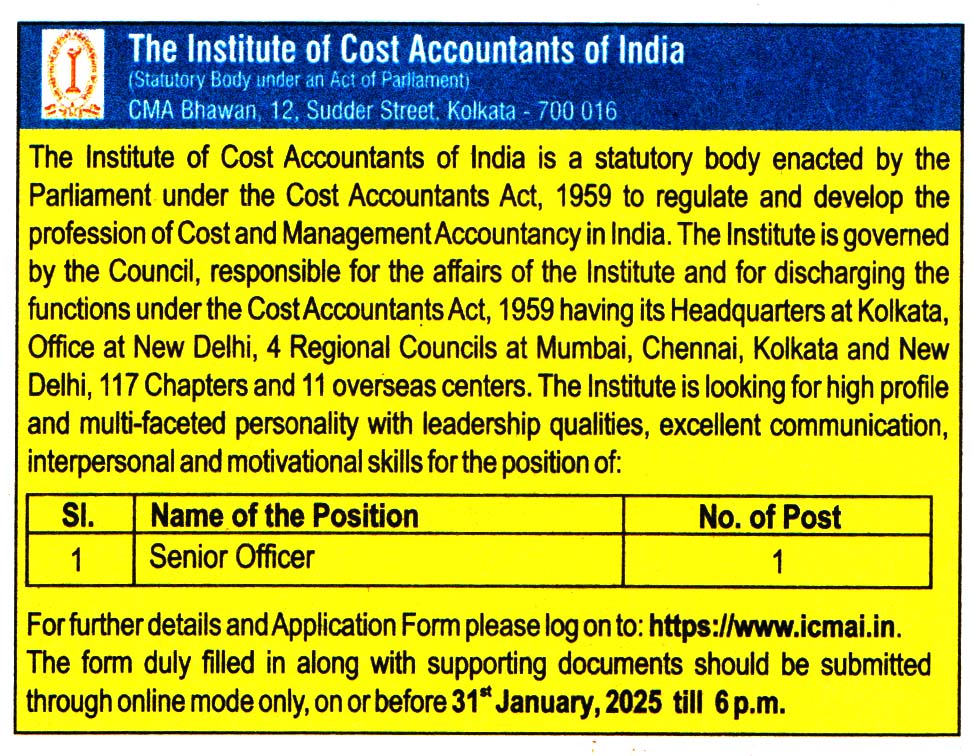 The Institute of Cost Accountants of India Kolkata Recruitment