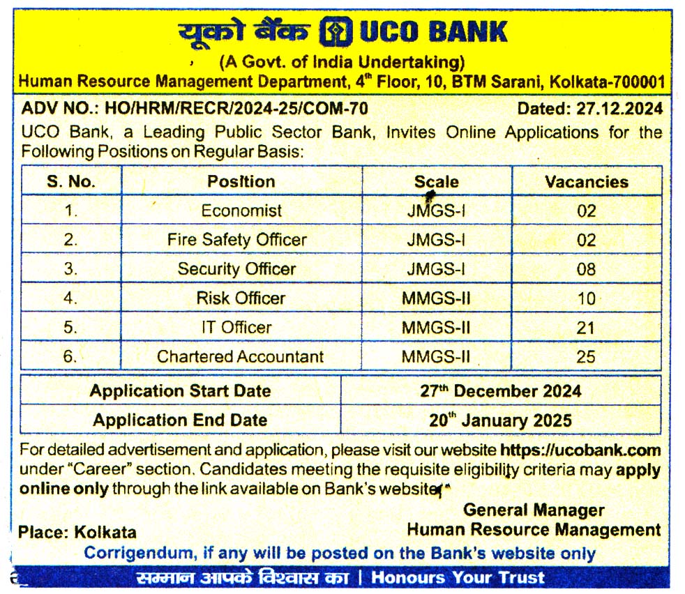 UCO Bank Kolkata Recruitment