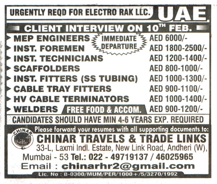 Jobs in UAE for Cable Tray Fitters