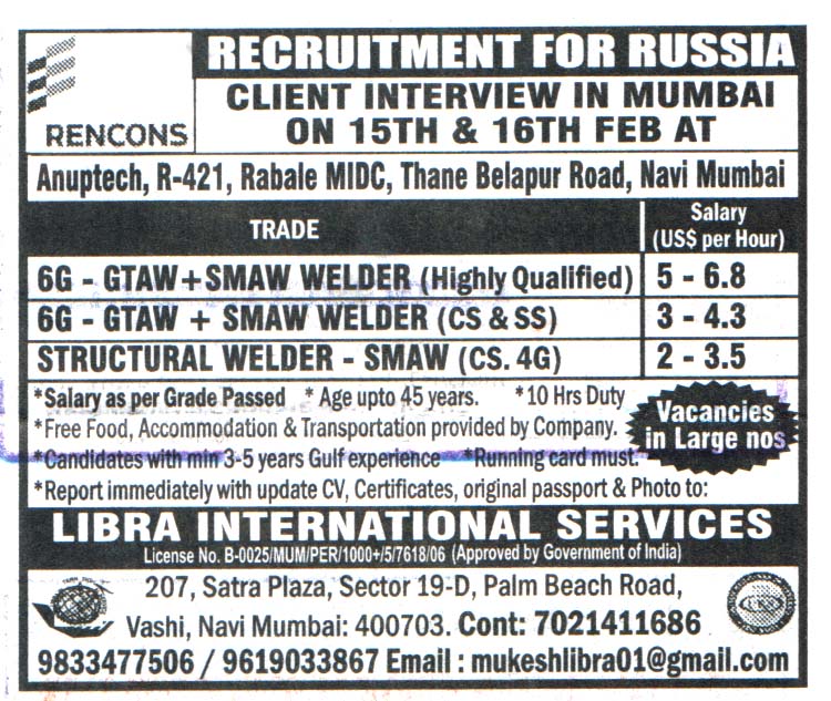 Jobs in Russia for Structural Welder SMAW