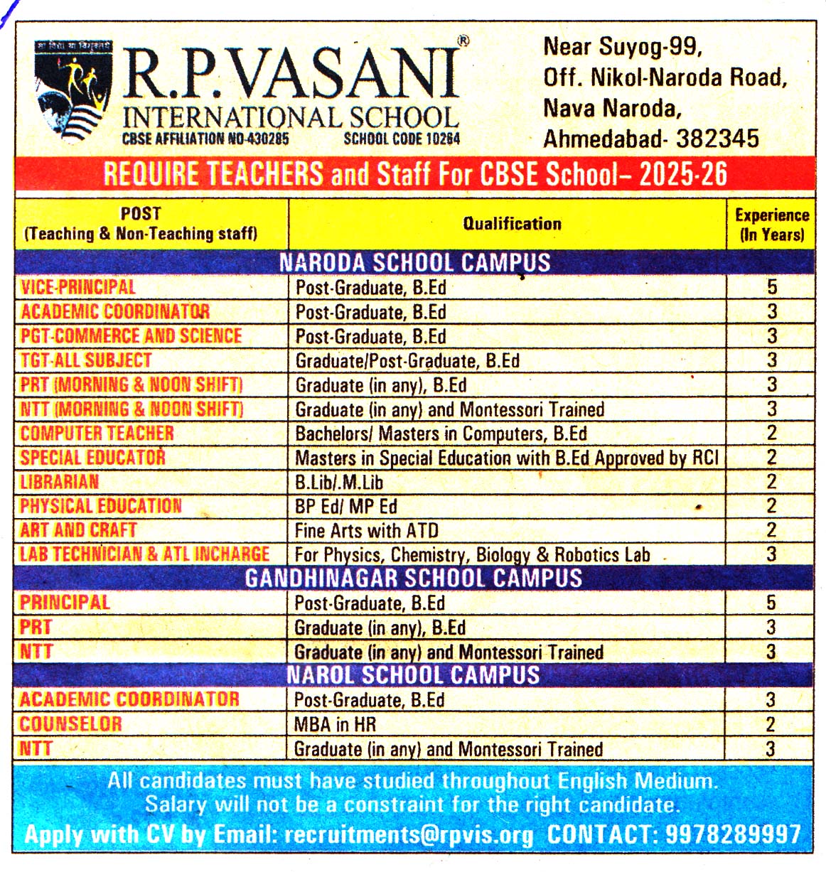 R.P. Vasani International School (RPVIS) Ahmedabad Recruitment